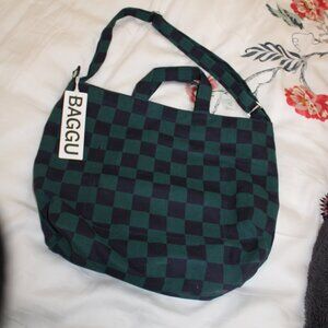 Baggu, green and black checkerboard canvas school bag